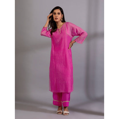 PANTS AND PAJAMAS Pink Solid Chanderi Embroidered Kurta