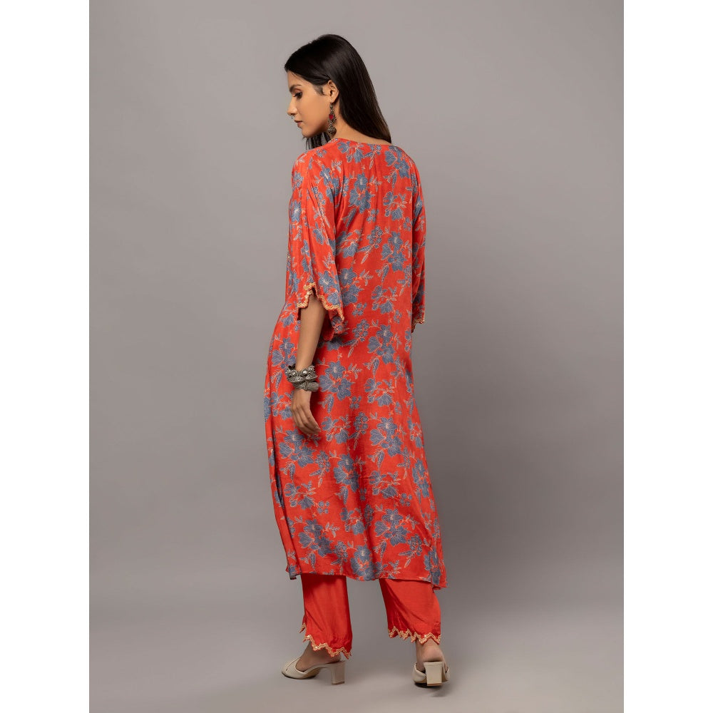 PANTS AND PAJAMAS Red Solid Cotton Silk Embellished Pants