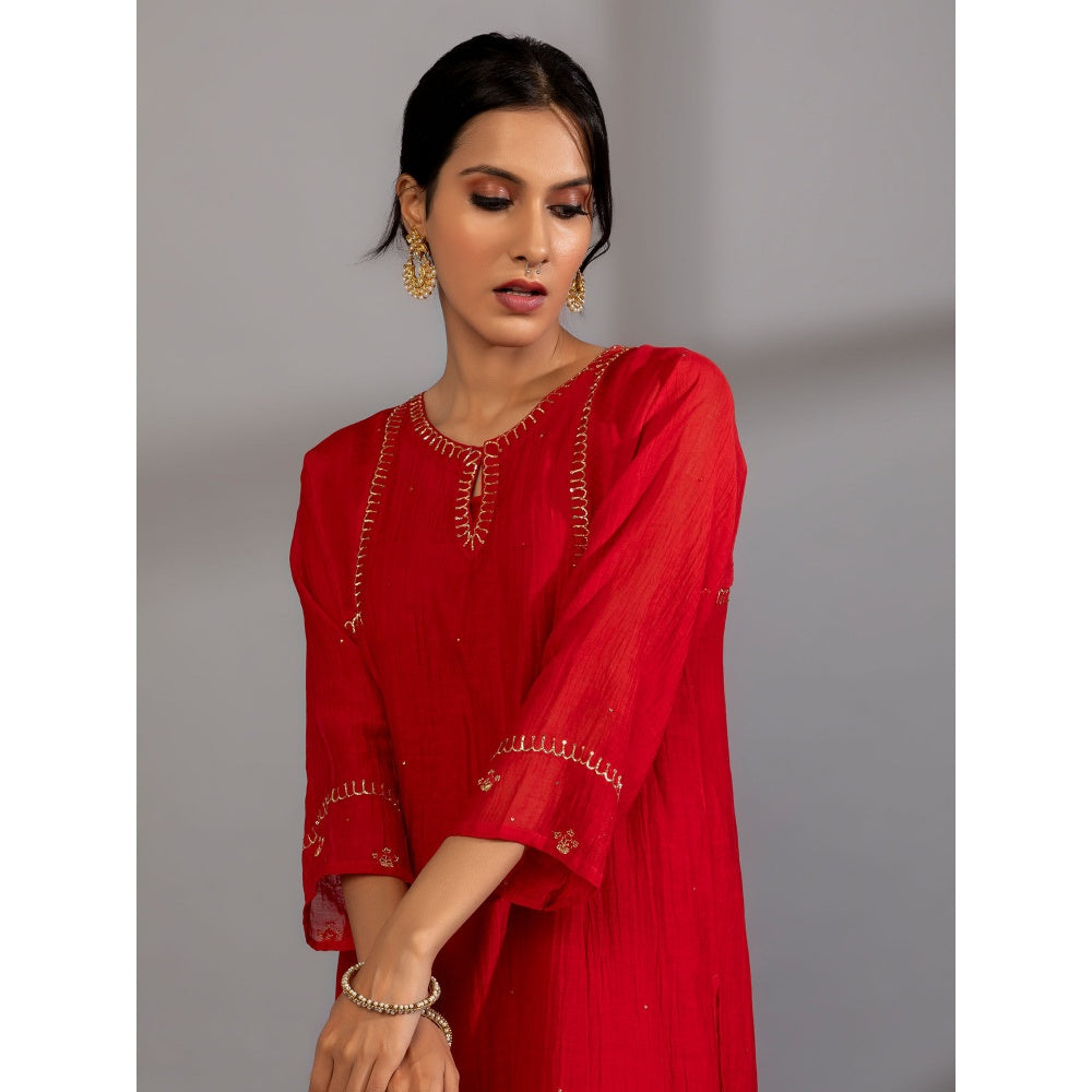 PANTS AND PAJAMAS Red Chanderi Embroidered Kurta With Pant & Dupatta (Set of 3)