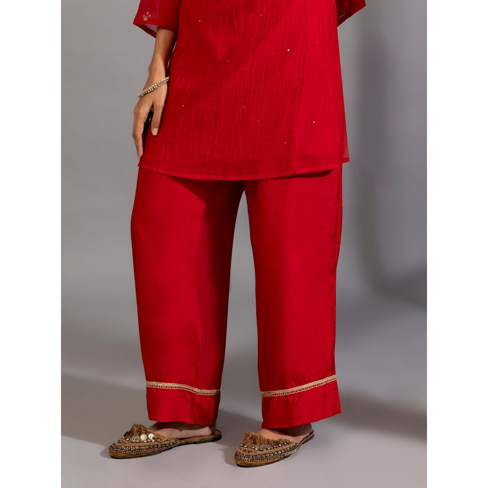 PANTS AND PAJAMAS Red Chanderi Embroidered Kurta With Pant & Dupatta (Set of 3)