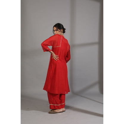 PANTS AND PAJAMAS Red Chanderi Embroidered Kurta With Pant & Dupatta (Set of 3)