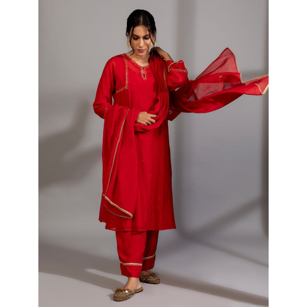 PANTS AND PAJAMAS Red Chanderi Embroidered Kurta With Pant & Dupatta (Set of 3)