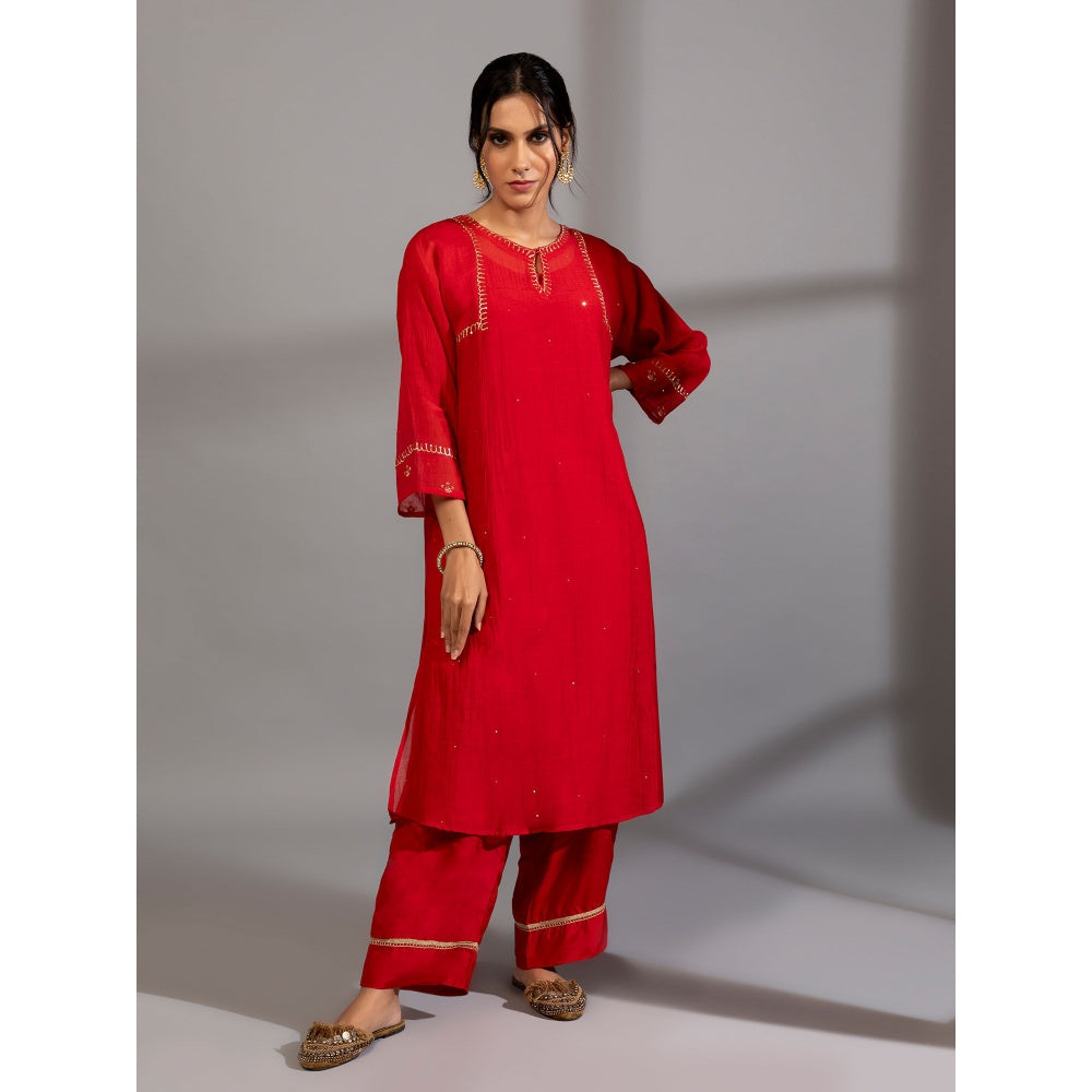 PANTS AND PAJAMAS Red Chanderi Embroidered Kurta & Pant (Set of 2)