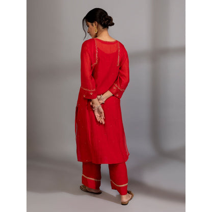 PANTS AND PAJAMAS Red Chanderi Embroidered Kurta & Pant (Set of 2)