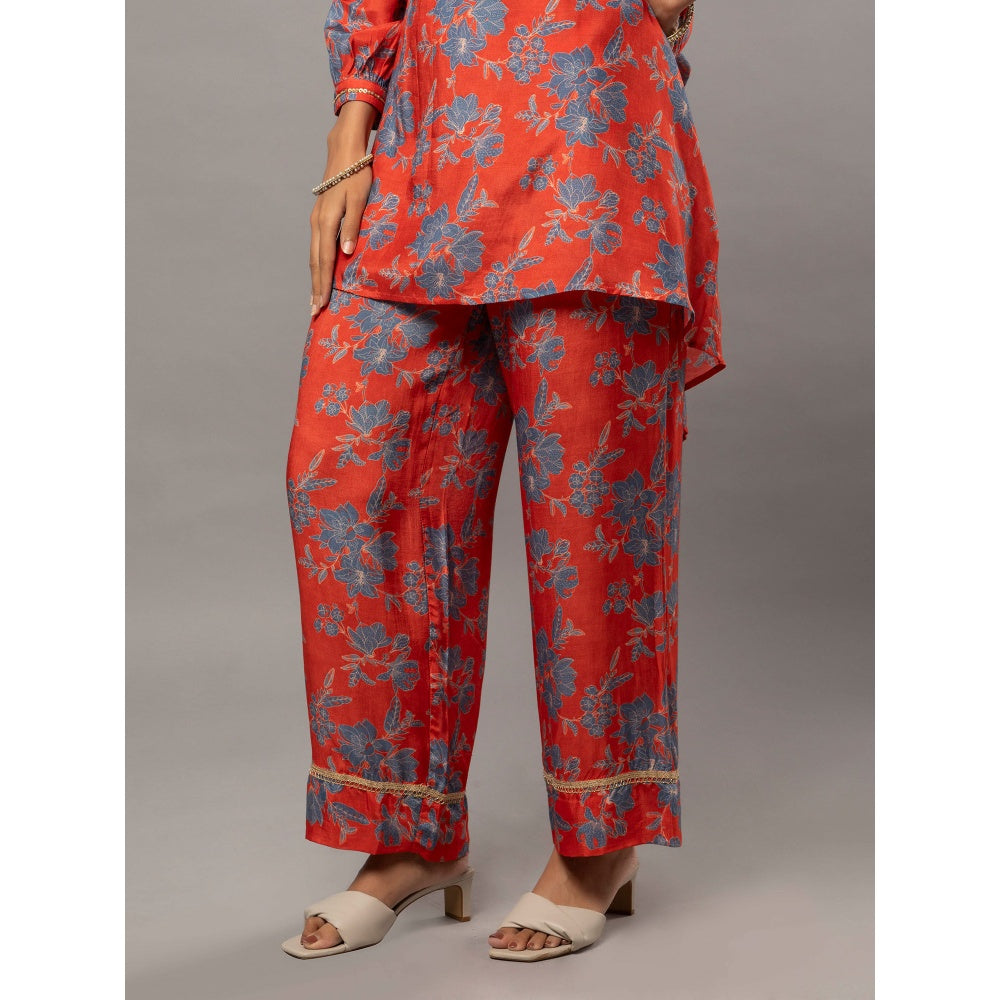 PANTS AND PAJAMAS Red Cotton Silk Printed-Lace Pants