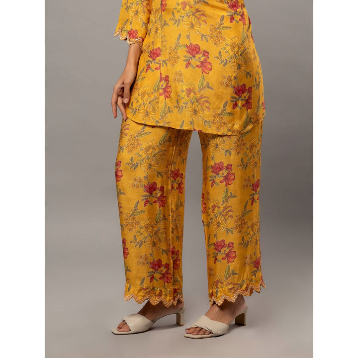 PANTS AND PAJAMAS Mustard Cotton Silk Embellished Pants