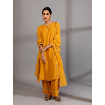 PANTS AND PAJAMAS Mustard Chanderi Embroidered Kurta With Pant & Dupatta (Set of 3)