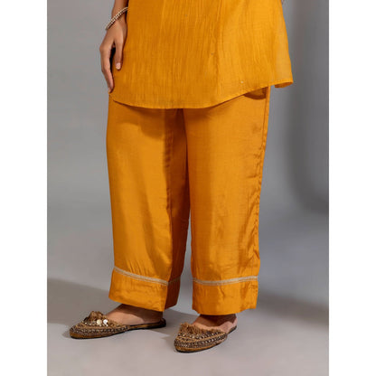 PANTS AND PAJAMAS Mustard Chanderi Embroidered Kurta With Pant & Dupatta (Set of 3)