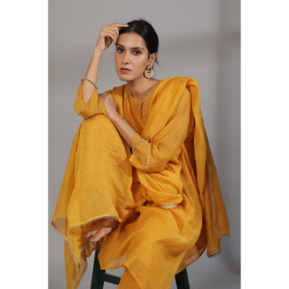 PANTS AND PAJAMAS Mustard Chanderi Embroidered Kurta With Pant & Dupatta (Set of 3)