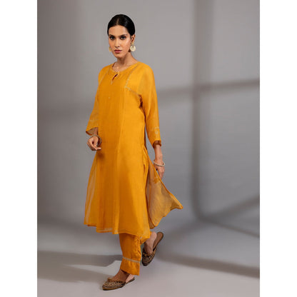 PANTS AND PAJAMAS Mustard Chanderi Embroidered Kurta With Pant & Dupatta (Set of 3)