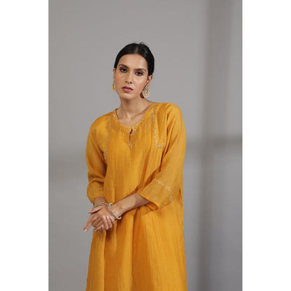 PANTS AND PAJAMAS Mustard Chanderi Embroidered Kurta & Pant (Set of 2)