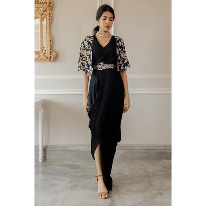 Paulmi Harsh Black Roman Draped Pre-Stiched Saree with Stitched