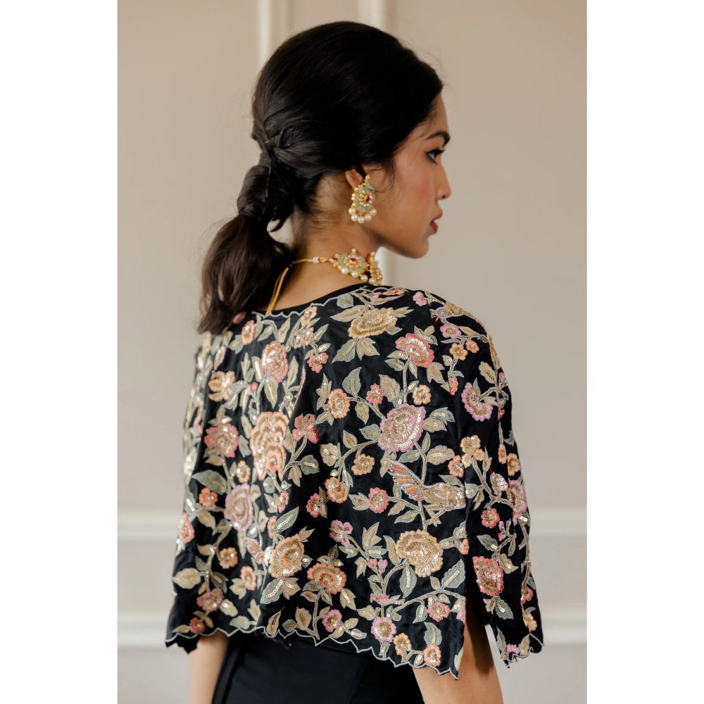 Paulmi Harsh Black Roman Draped Pre-Stiched Saree with Stitched