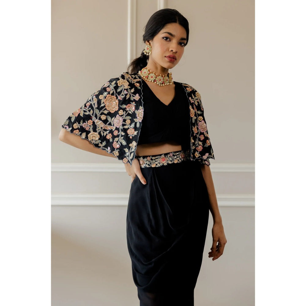 Paulmi Harsh Black Roman Draped Pre-Stiched Saree with Stitched