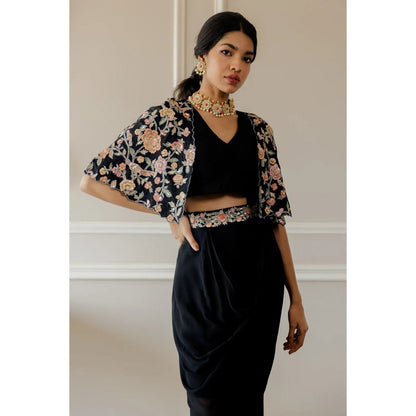 Paulmi Harsh Black Roman Draped Pre-Stiched Saree with Stitched