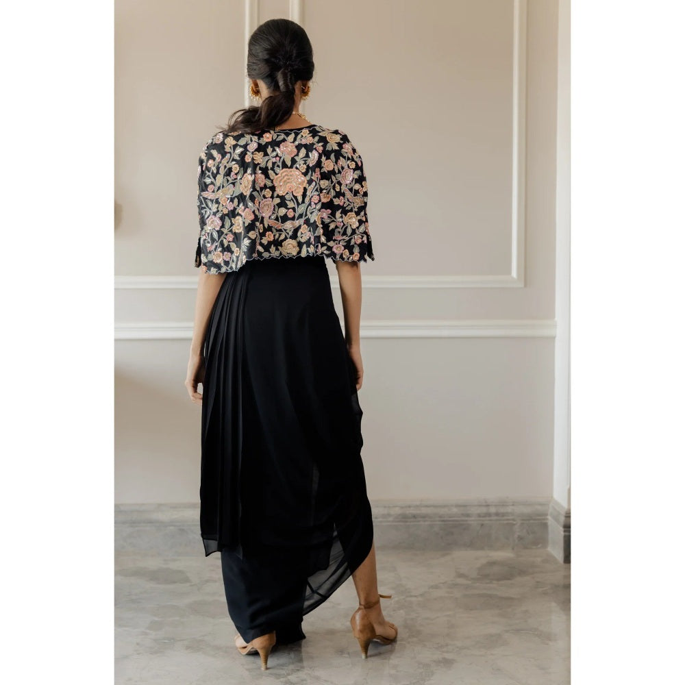 Paulmi Harsh Black Roman Draped Pre-Stiched Saree with Stitched