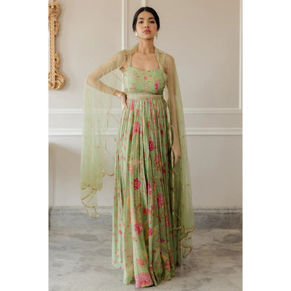 Paulmi Harsh Pista Green Bird Printed Anarkali (Set of 3)