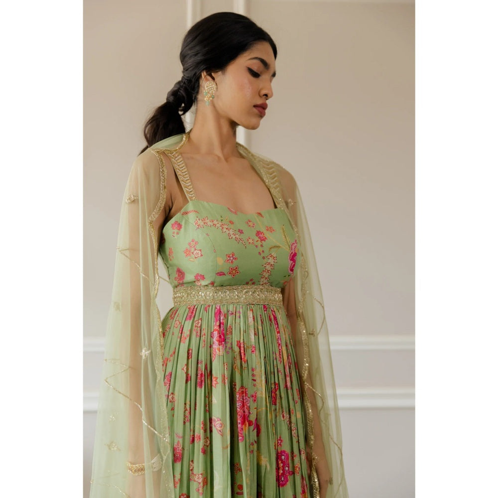 Paulmi Harsh Pista Green Bird Printed Anarkali (Set of 3)