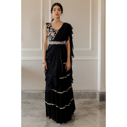 Paulmi Harsh Black Pre-Draped Georgette Saree with Stitched