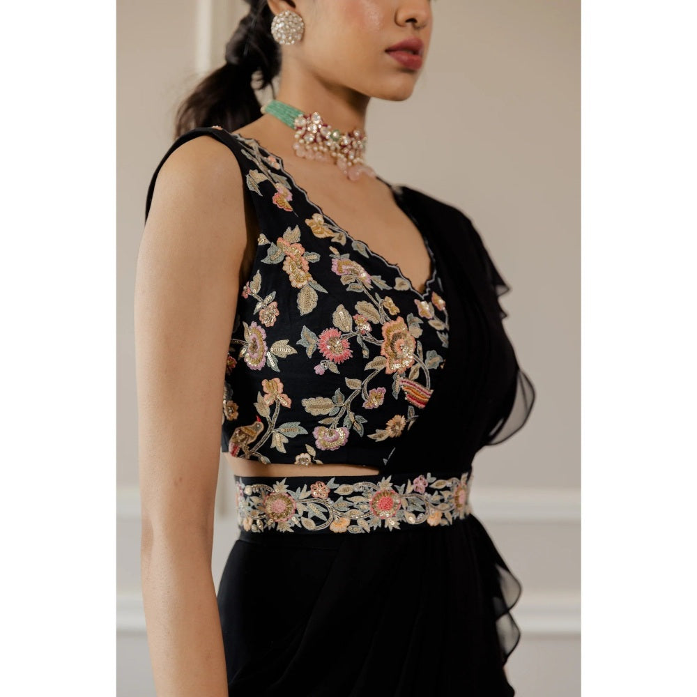 Paulmi Harsh Black Pre-Draped Georgette Saree with Stitched