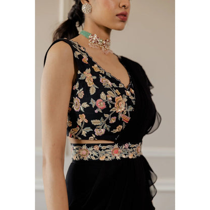 Paulmi Harsh Black Pre-Draped Georgette Saree with Stitched