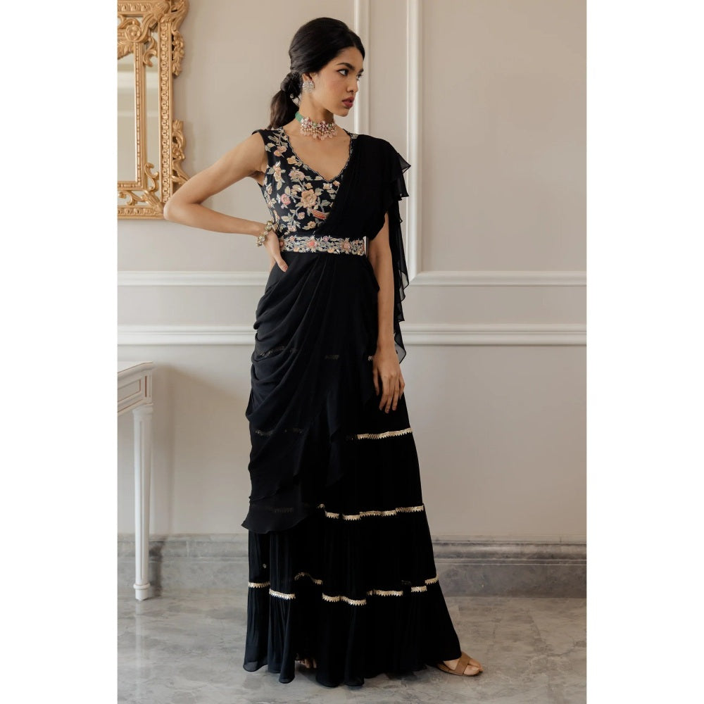 Paulmi Harsh Black Pre-Draped Georgette Saree with Stitched