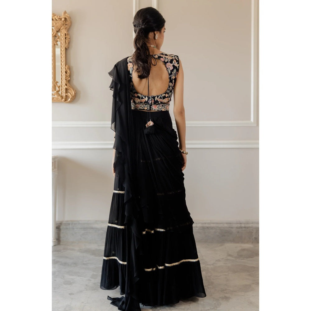 Paulmi Harsh Black Pre-Draped Georgette Saree with Stitched