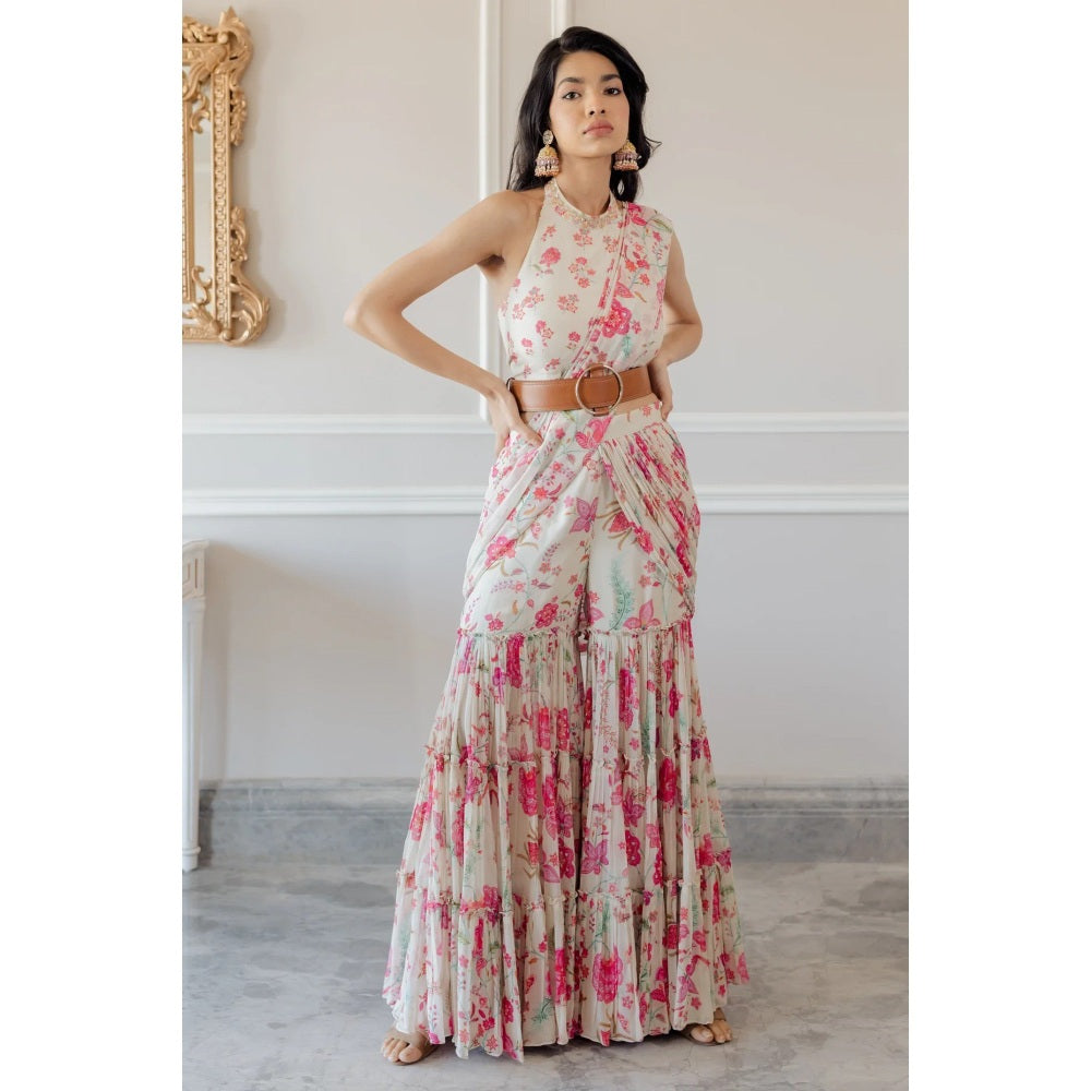 Paulmi Harsh Off White Bird Printed Sahara Saree with Stitched