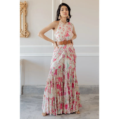 Paulmi Harsh Off White Bird Printed Sahara Saree with Stitched