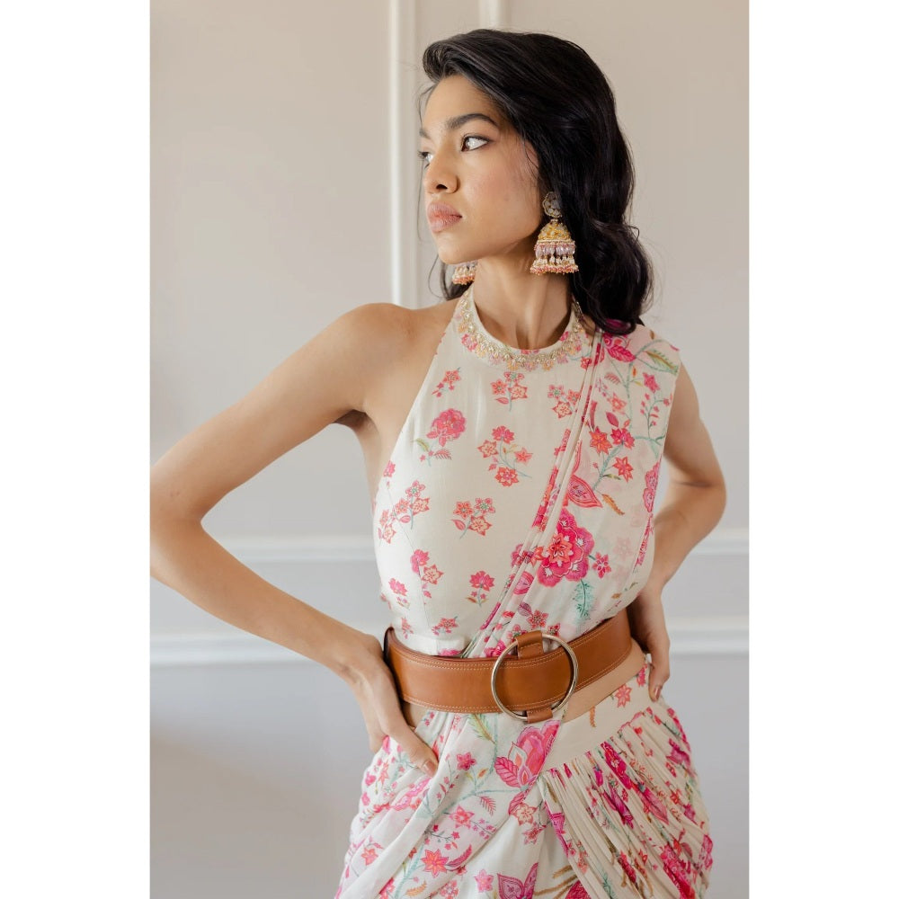 Paulmi Harsh Off White Bird Printed Sahara Saree with Stitched