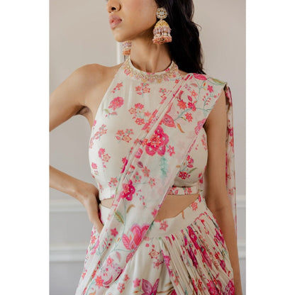 Paulmi Harsh Off White Bird Printed Sahara Saree with Stitched