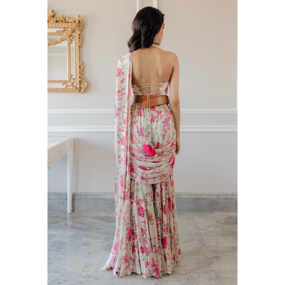 Paulmi Harsh Off White Bird Printed Sahara Saree with Stitched