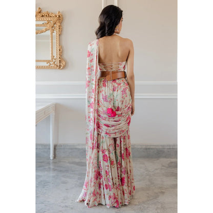 Paulmi Harsh Off White Bird Printed Sahara Saree with Stitched