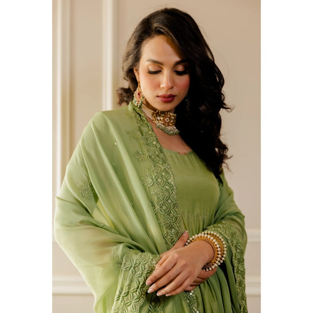 Paulmi Harsh Pista Green Anarkali with Chudi Sleeves (Set of 3)