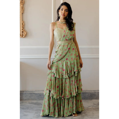Paulmi Harsh Pista Green three layered Pre-Draped Saree with Stitched