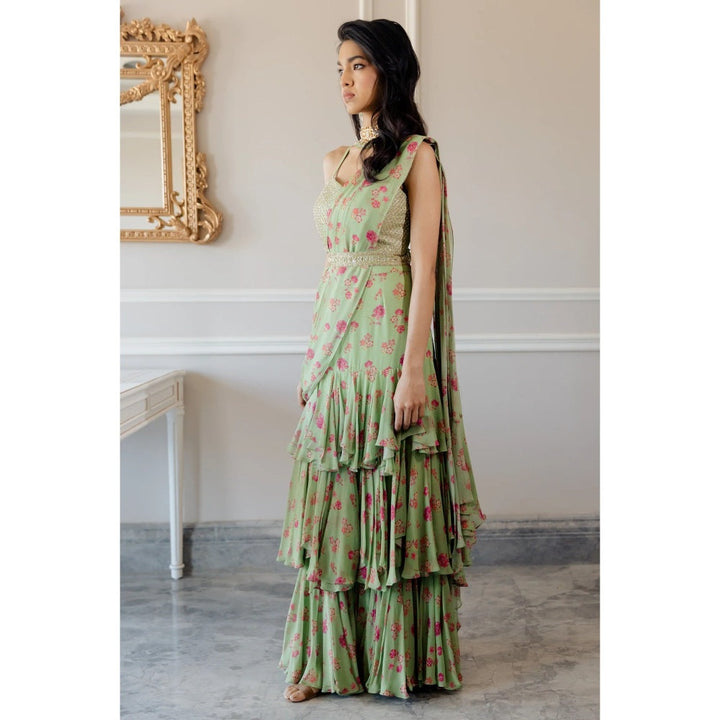 Paulmi Harsh Pista Green three layered Pre-Draped Saree with Stitched