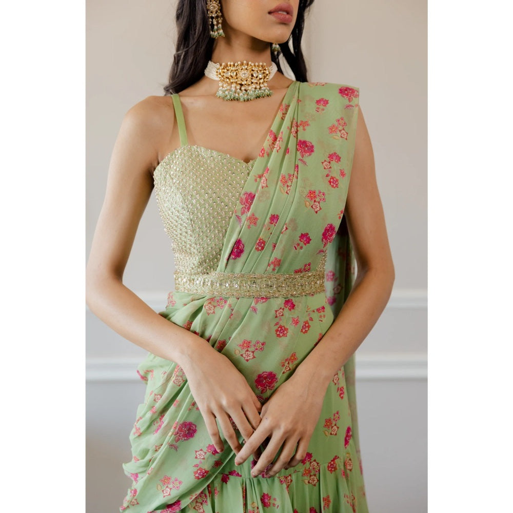 Paulmi Harsh Pista Green three layered Pre-Draped Saree with Stitched