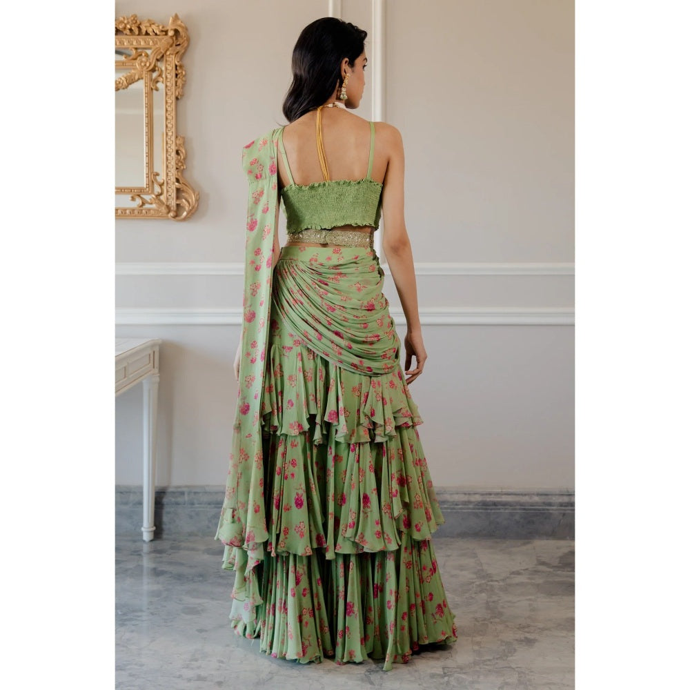 Paulmi Harsh Pista Green three layered Pre-Draped Saree with Stitched