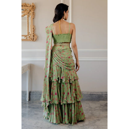 Paulmi Harsh Pista Green three layered Pre-Draped Saree with Stitched