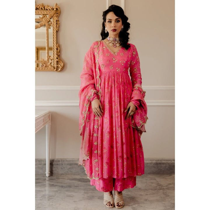 Paulmi Harsh Fuschia Pink Chintz Embroidered Anarkali (Set of 3)