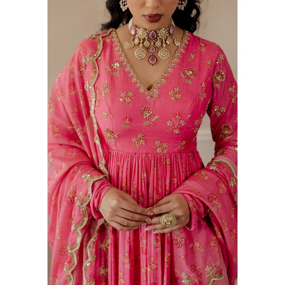 Paulmi Harsh Fuschia Pink Chintz Embroidered Anarkali (Set of 3)
