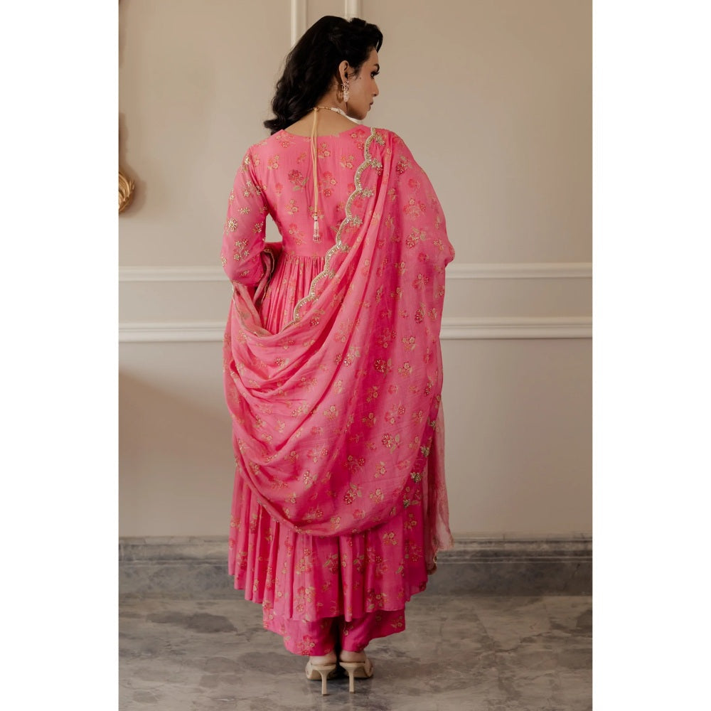 Paulmi Harsh Fuschia Pink Chintz Embroidered Anarkali (Set of 3)