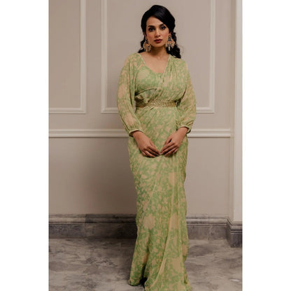 Paulmi Harsh Chic Pista Green Pre-Draped Saree with Frill Blouse with Stitched