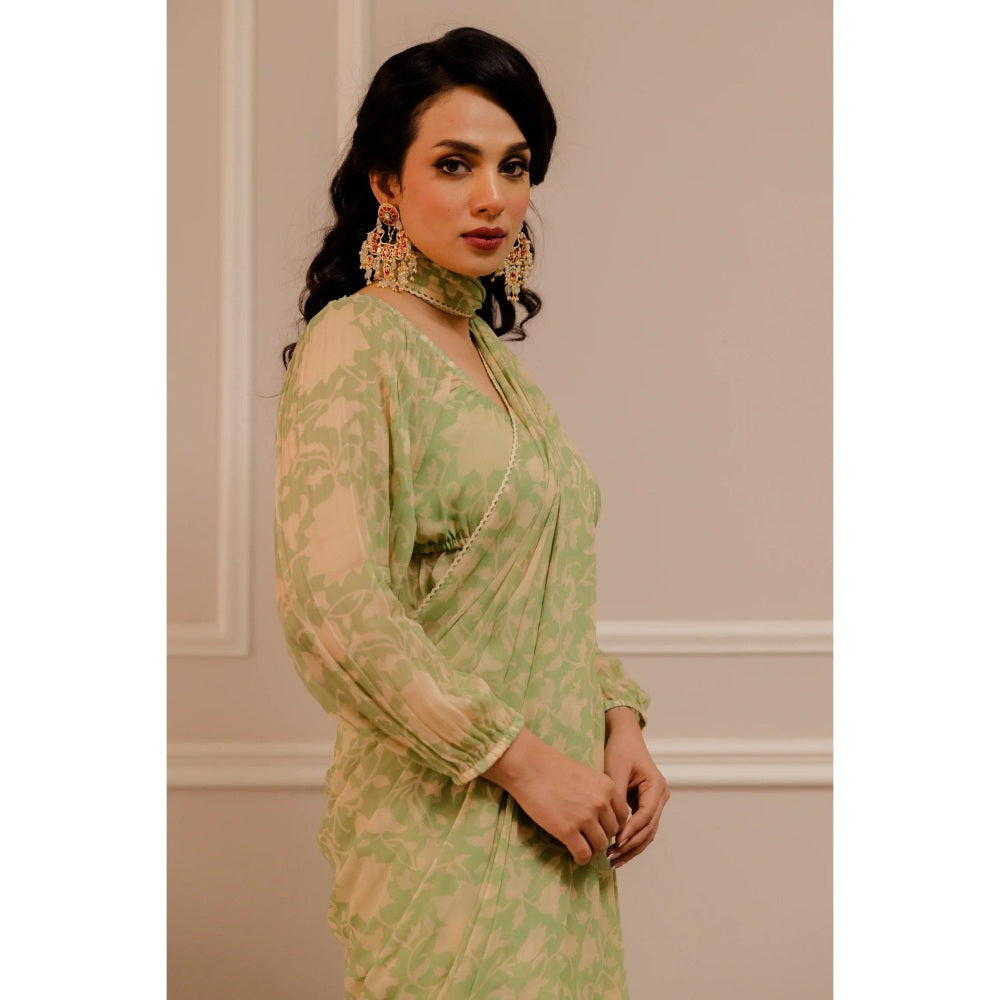 Paulmi Harsh Chic Pista Green Pre-Draped Saree with Frill Blouse with Stitched