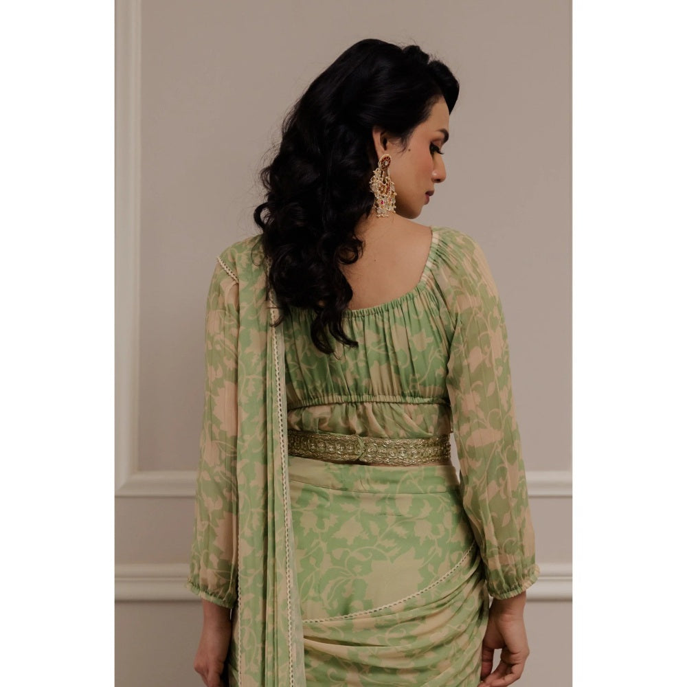 Paulmi Harsh Chic Pista Green Pre-Draped Saree with Frill Blouse with Stitched