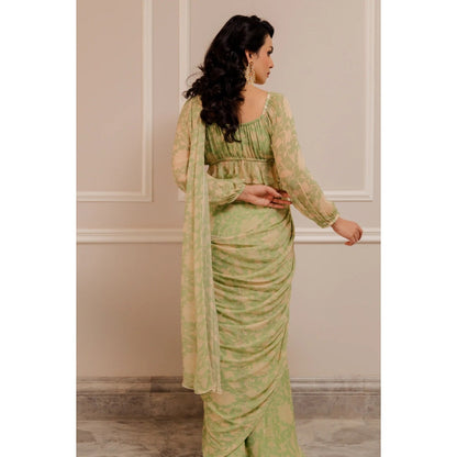 Paulmi Harsh Chic Pista Green Pre-Draped Saree with Frill Blouse with Stitched