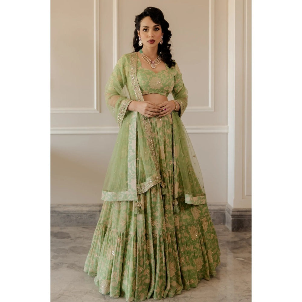 Paulmi Harsh Pista Green Block Printed Lehenga Set (Set of 3)