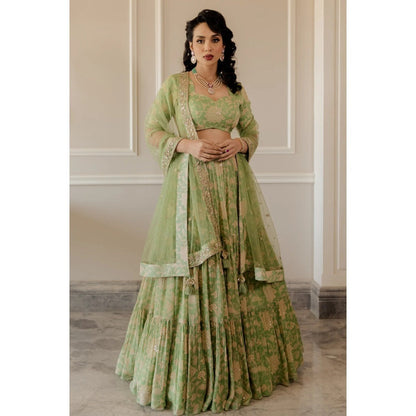 Paulmi Harsh Pista Green Block Printed Lehenga Set (Set of 3)