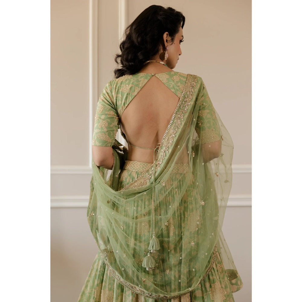 Paulmi Harsh Pista Green Block Printed Lehenga Set (Set of 3)