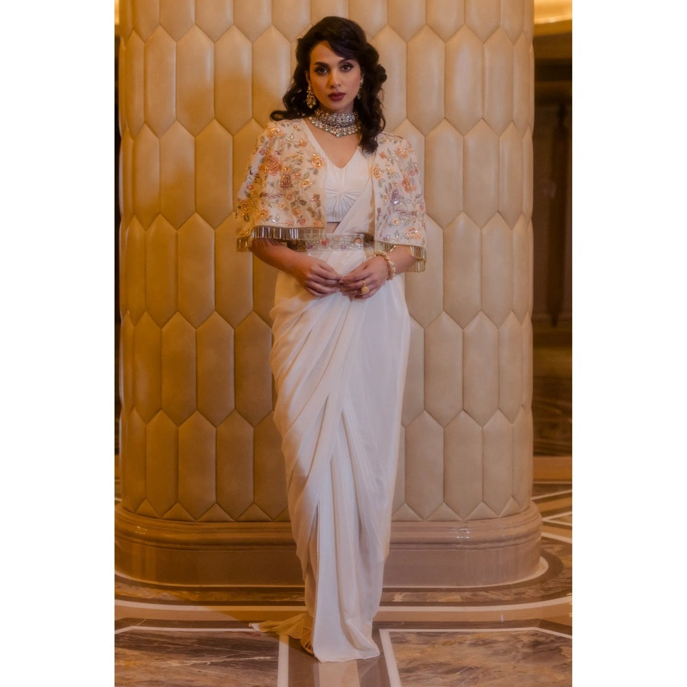 Paulmi Harsh Ivory Roman Draped Pre-Stitched Saree with Stitched